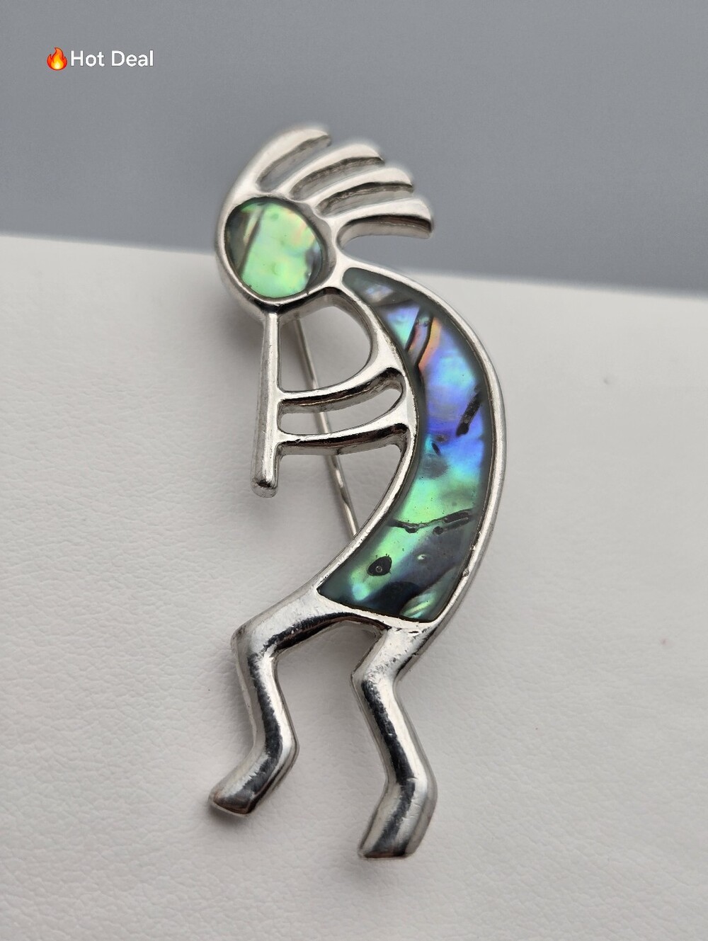 Native American Kokopelli Brooch Silver Abalone Inlay Southwestern Flute Player